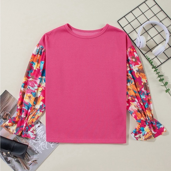 Sachet Pink Flower Patchwork Ruffled
Sleeve Ribbed Knit Drop Shoulder Top Boho - Picture 8 of 11